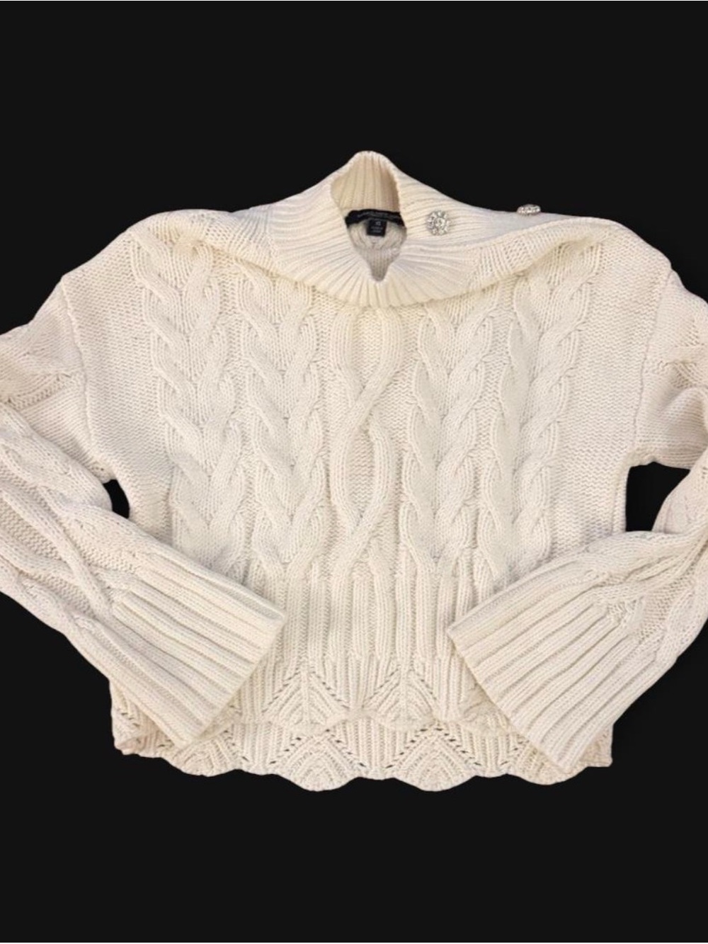 Cream Cable-Knit Women's Sweater with Fold-Over Collar
